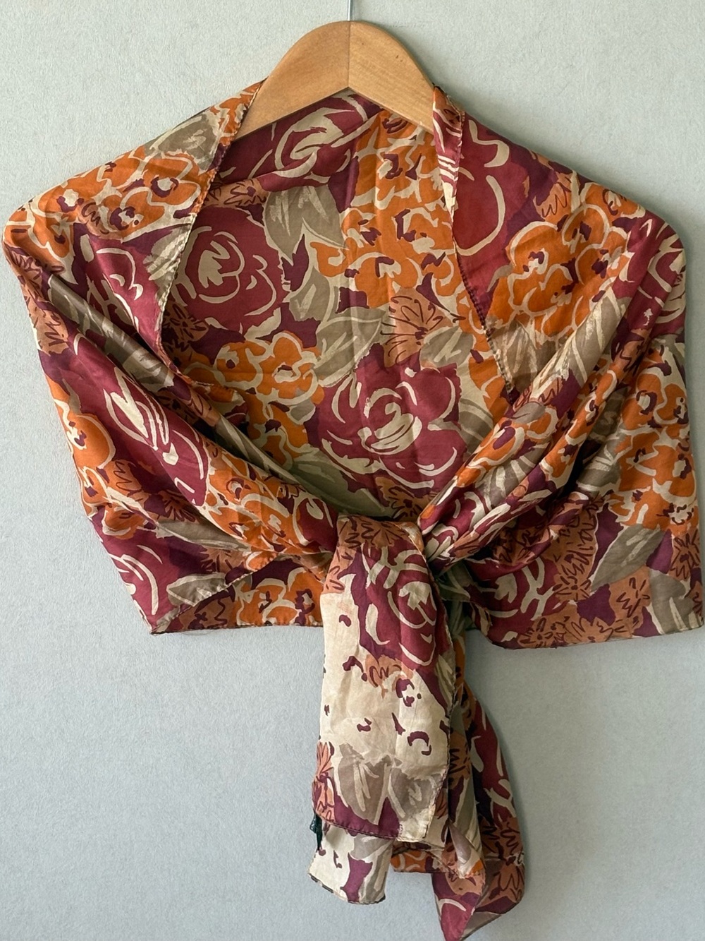 100% silk by AXCESS Floral Print Silk Scarf in Burgundy, Orange & Cream